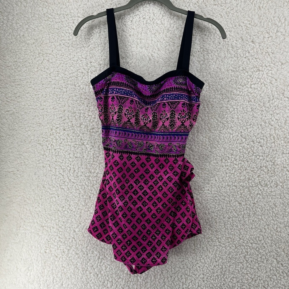NWT Maxine of Hollywood Swimsuit Size 10 Bandeau Sarong Bright Pink Slimming